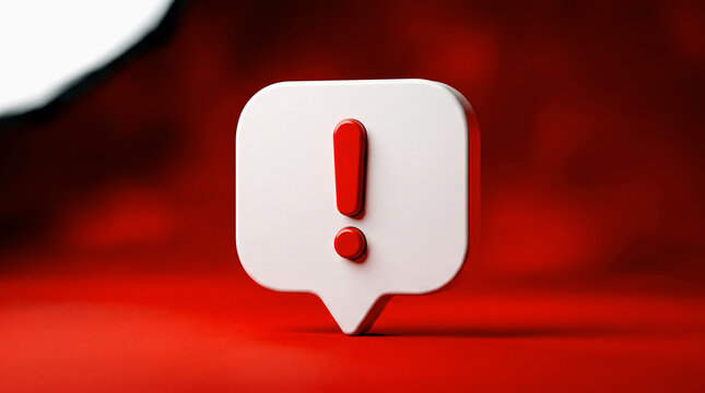 3d render of a white speech bubble with a red exclamation mark on a red background