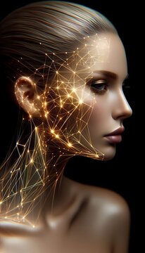 A hybrid portrait where a real models profile is overlaid with an AI-generated geometric pattern of gold lines and glowing nodes, creating a high-fashion tech aesthetic, Ai generated image