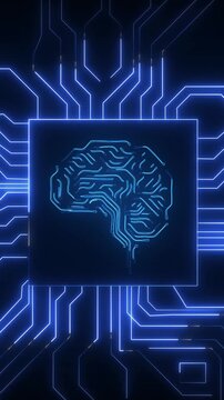 Artificial intelligence brain animation displays blue circuit boards Intelligence brain AI technology symbol highlights machine learning AI brain loop is clean