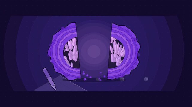Abstract animated geode crystal druse split drawn as violet and blue lines and shapes on a deep dark background. Seamless looping 4K motion graphics video with free space for text, ideal for science c