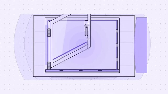 Abstract animated window frame sash hinges drawn as blue and cyan lines and shapes on a bright, clean light background. Seamless looping 4K motion graphics video with free space for text, ideal for in