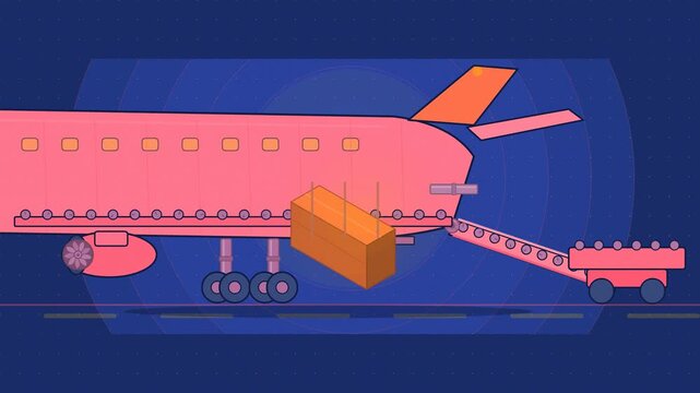 Abstract animated cargo plane ramp rollers drawn as blue and cyan lines and shapes on a deep dark background. Seamless looping 4K motion graphics video with free space for text, ideal for industry exp