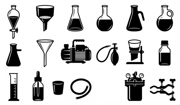 Chemistry Laboratory Funnels Flasks Filters and Vacuum Pump Silhouette Vector Set