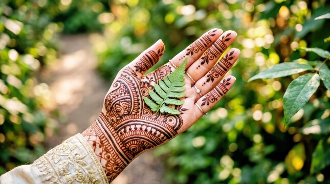 Hand With Henna Tattoos and Leaf on Garden Path