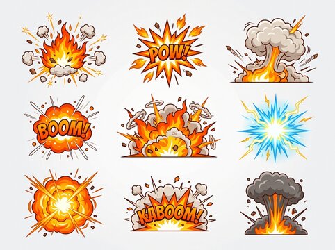 A collection of cartoon explosion illustrations featuring fire, smoke, and blast effects with comic book sound words like BOOM and POW.