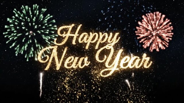 Golden Happy New Year text with fireworks in night sky