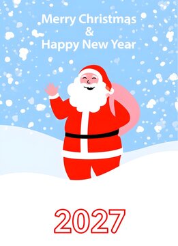 Tarjeta de Felicitaci&oacute;n de Feliz Navidad y Pr&oacute;spero A&ntilde;o Nuevo 2027 con Ilustraci&oacute;n de Pap&aacute; Noel para Banners y Redes Sociales