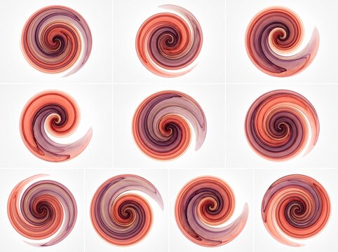 A grid of twelve abstract swirling circular patterns in warm orange, red, and purple tones on a light background.