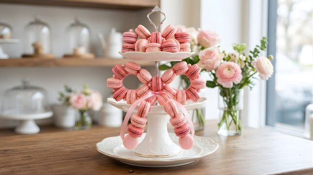 Pink macarons arranged on a tiered cake stand with flowers in a cafe