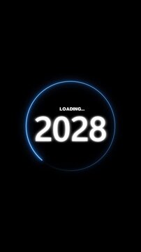Progress loading circle animation displays year 2028 text waiting loops Loading circle progress bar highlights futuristic calendar transitions Progress animation is sleek