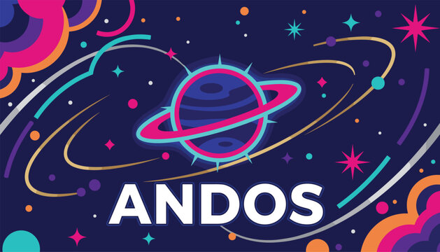 Colorful space cartoon illustration with a ringed planet, stars, and galaxies with bold text reading andos in the center.