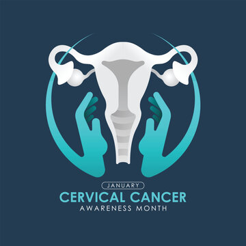 January, Cervical cancer awareness month - Teal hands circle hold care white uterus sign on blue background vector design