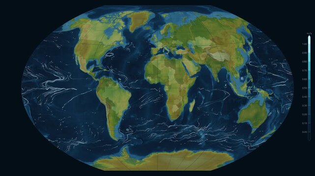 animated visualization of global ocean currents on a detailed world map with velocity data scale, ideal for scientific and educational applications