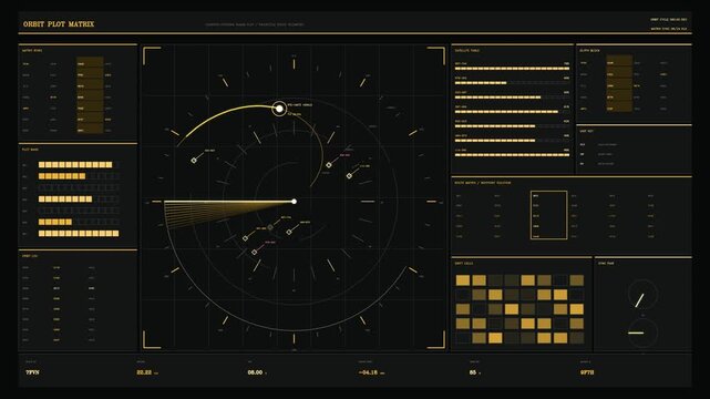 A complex orbit plot matrix with various data points and sections highlighted by dynamic motion graphics. The design features a dark background with bright yellow elements