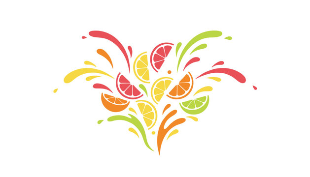 Colorful citrus fruit slices splashing with juice droplets isolated on a white background in flat vector style.