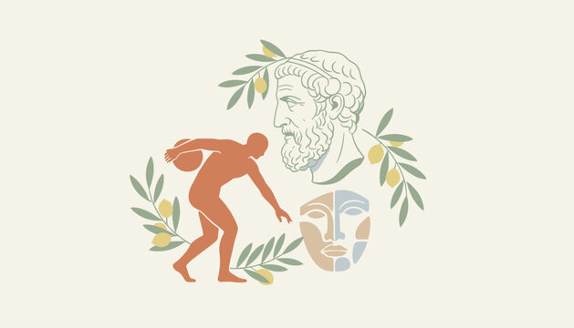 Ancient Greek culture vector illustration featuring a classical bust, discus thrower silhouette, mask, and olive branches.