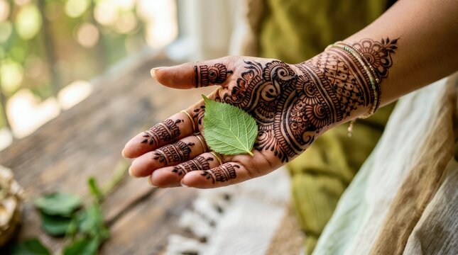 Intricate Henna Designs on a Woman S Hand Holding a Green Leaf