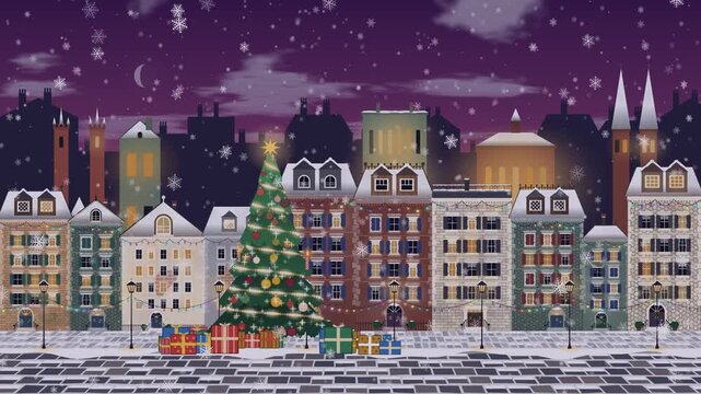 illuminated Christmas tree with presents in a festive town Xmas celebration scene with falling snow and fireworks