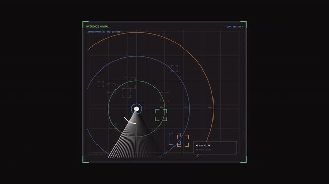 The radar screen displays various data points and signals. Lines extend outward in a circular pattern, showing different angles and positions, creating a high tech visual
