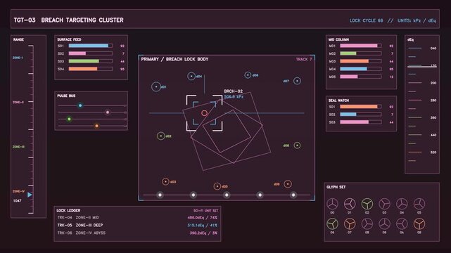 A digital interface for a breach targeting cluster. Various elements display data and settings, with animated graphics enhancing the visual experience