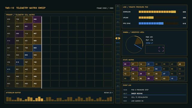 A digital telemetry matrix display shows real time data readouts. Link status indicators provide information on connection quality and pressure levels. The background features motion graphics