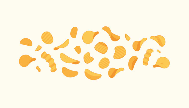 Crispy golden potato chips falling and floating on a light beige background in cartoon flat vector style.