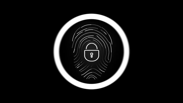 White fingerprint scan animation displays a secure lock. Circular identity UI guides the fingerprint scan animation. Cyber access checks the fingerprint scan animation.
