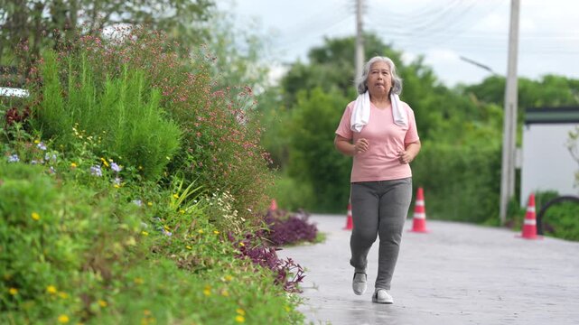 Senior woman jogging outdoor fitness exercise cardio training with towel, pink shirt, calm focus on rural road and sidewalk beside garden greenery and wildflower lane, active aging morning workout