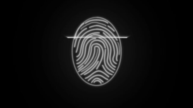 White fingerprint outline animation glows on dark space. Biometric check sweeps the fingerprint outline animation. Digital access verifies the fingerprint outline.