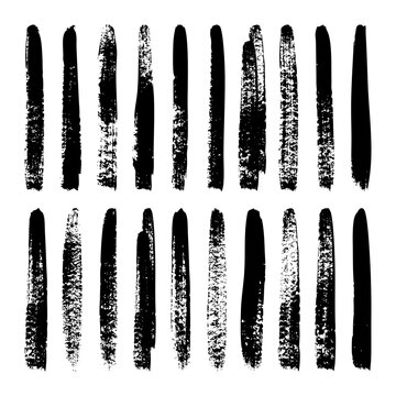 Long grunge brush strokes, lines, ink smudges, hand-drawn scribble shapes. Handmade sketchy marks, stains, charcoal streaks. Paint textures, dry brush effect. Marker underline. Vector illustration