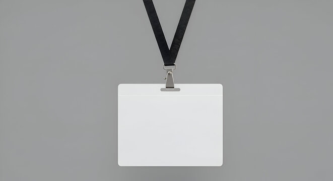 Empty blank white identification badge hanging from a black lanyard. A neutral gray background presents the item for potential printing and design.