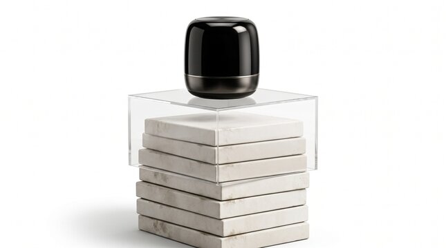 Black glossy smart speaker resting underneath a clear acrylic cover perched upon a tall stack of thick white square ceramic tiles in a minimalist studio setting.