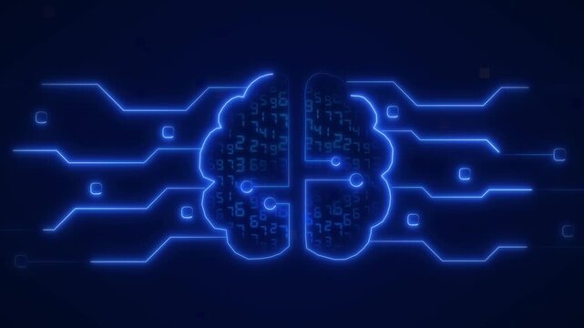 Neon brain circuit animation pulses with digital numbers. AI technology operates this neon brain circuit animation. Machine learning powers the neon brain circuit.