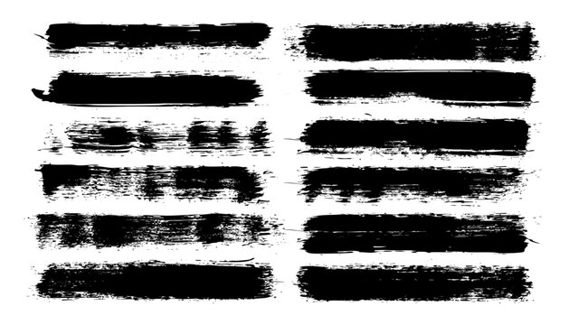 Long grunge brush strokes, lines, ink smudges, hand-drawn scribble shapes. Handmade sketchy marks, stains, charcoal streaks. Paint textures, dry brush effect. Marker underline. Vector illustration