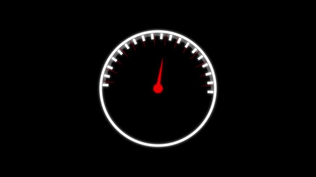 Speedometer dial animation sweeps its needle on a gauge. Fast vehicle performance moves the speedometer dial. High automotive speed drives the speedometer dial.