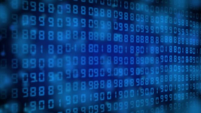Blue binary code animation scrolls with glowing numbers. Computer matrix data streams on this binary code animation. High tech cyber systems run the binary code.