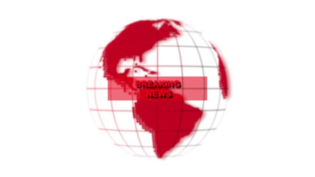 Red globe animation displays dynamic breaking news titles. Global broadcast events orbit around this red globe animation. International news reporting powers the red globe.