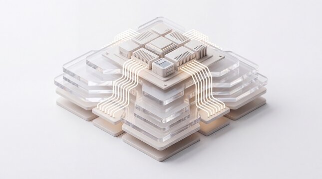 Isometric layered data architecture with glowing circuit connections