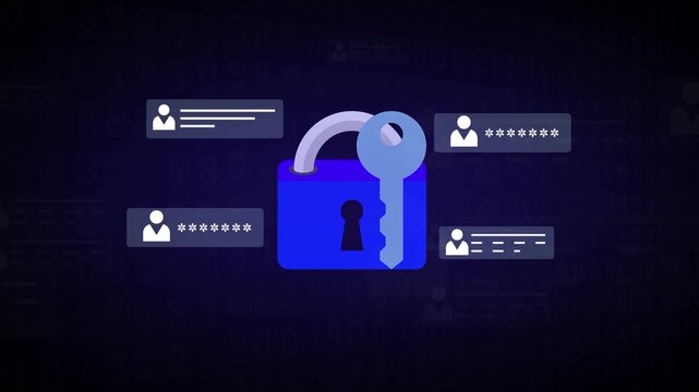 Digital security system animation links user profile icons. Cyber data privacy protection guards this security animation. Encrypted access validates the security system.