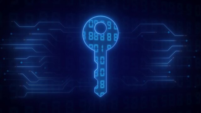 Digital key icon animation shines over matrix pathways. High tech encryption unlocks with the digital key animation. Cyber password protection uses the digital key.