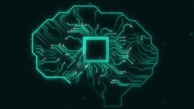 AI brain circuit board animation pulses with green lines. Neural machine learning runs on this brain circuit board. Artificial computing powers the brain circuit board.