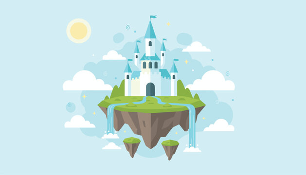 Magic fairy tale castle sits on a green floating island with waterfalls cascading down into soft fluffy clouds.