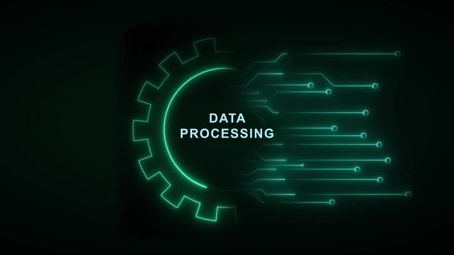 Neon green gear animation turns beside data circuit lines. Industrial automation operates with the neon gear animation. Digital mechanics drive this neon green gear.