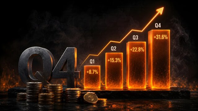 Dramatic Q4 Financial Growth Chart with Upward Trend and Stacks of Gold Coins