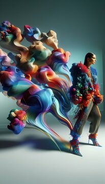 A high-fashion image of a real model in a vibrant, sculptural outfit, standing on a bare surface, surrounded by AI-generated abstract shapes in motion, Ai generated image