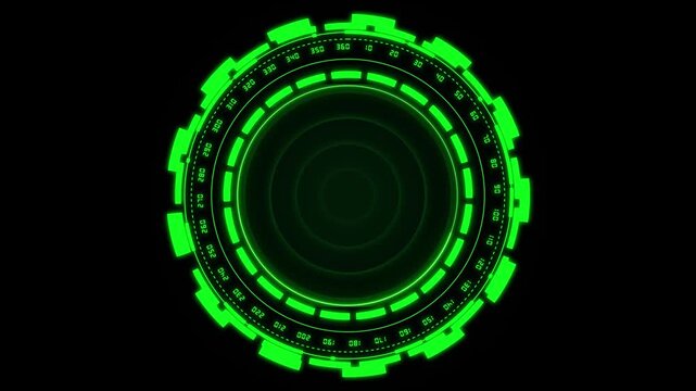 Green digital radar interface animation sweeps on degree marks. Concentric sonar circles guide this radar interface. High tech target tracking telemetry runs the interface.