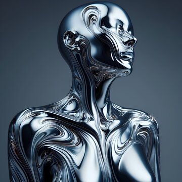 A hybrid portrait where a real models body is covered in an AI-generated costume of flowing liquid metal, which seems to move and ripple like mercury, Ai generated image