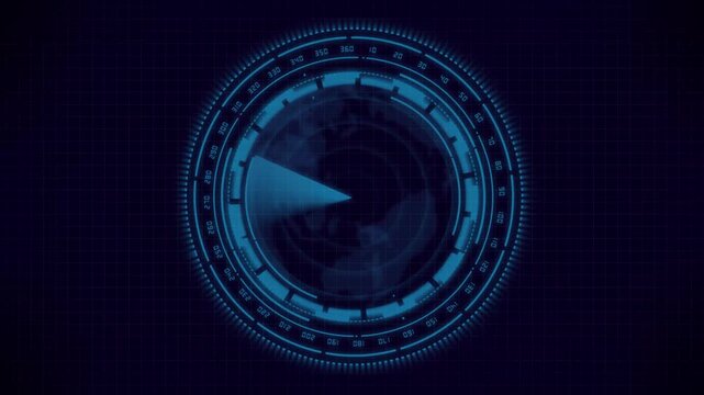 Blue digital radar interface animation sweeps on world map. Concentric surveillance rings guide the radar interface. Target tracking coordinates route on the radar interface.