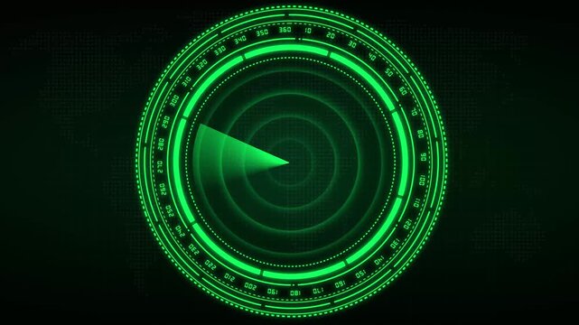 Green radar screen animation sweeps beams on a world map. Surveillance coordinates track on the radar screen. Global cyber telemetry monitors this radar screen.