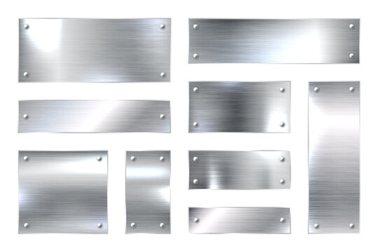 Realistic shiny metal banners set, textured brushed steel, polished copper surfaces, and chrome frames. Industrial plates include secure bolts, rivets, and screws. Vector illustration.